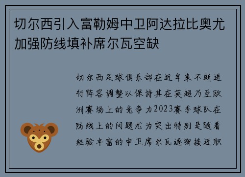 切尔西引入富勒姆中卫阿达拉比奥尤加强防线填补席尔瓦空缺